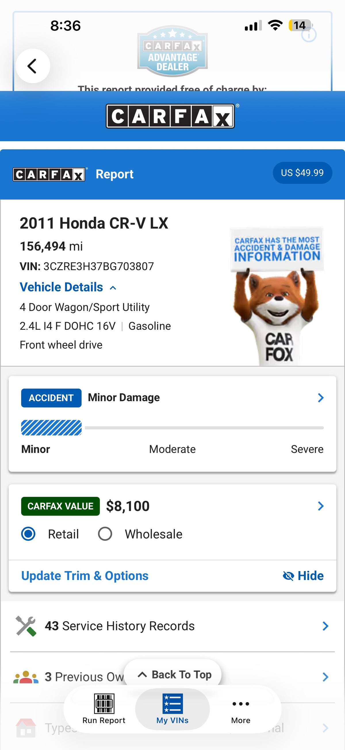 2011 Honda CR-V LX Carfax report
