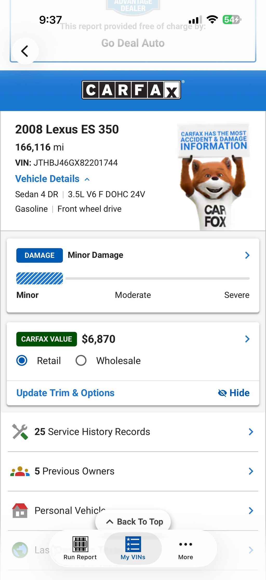 2008 Lexus ES 350 Carfax report