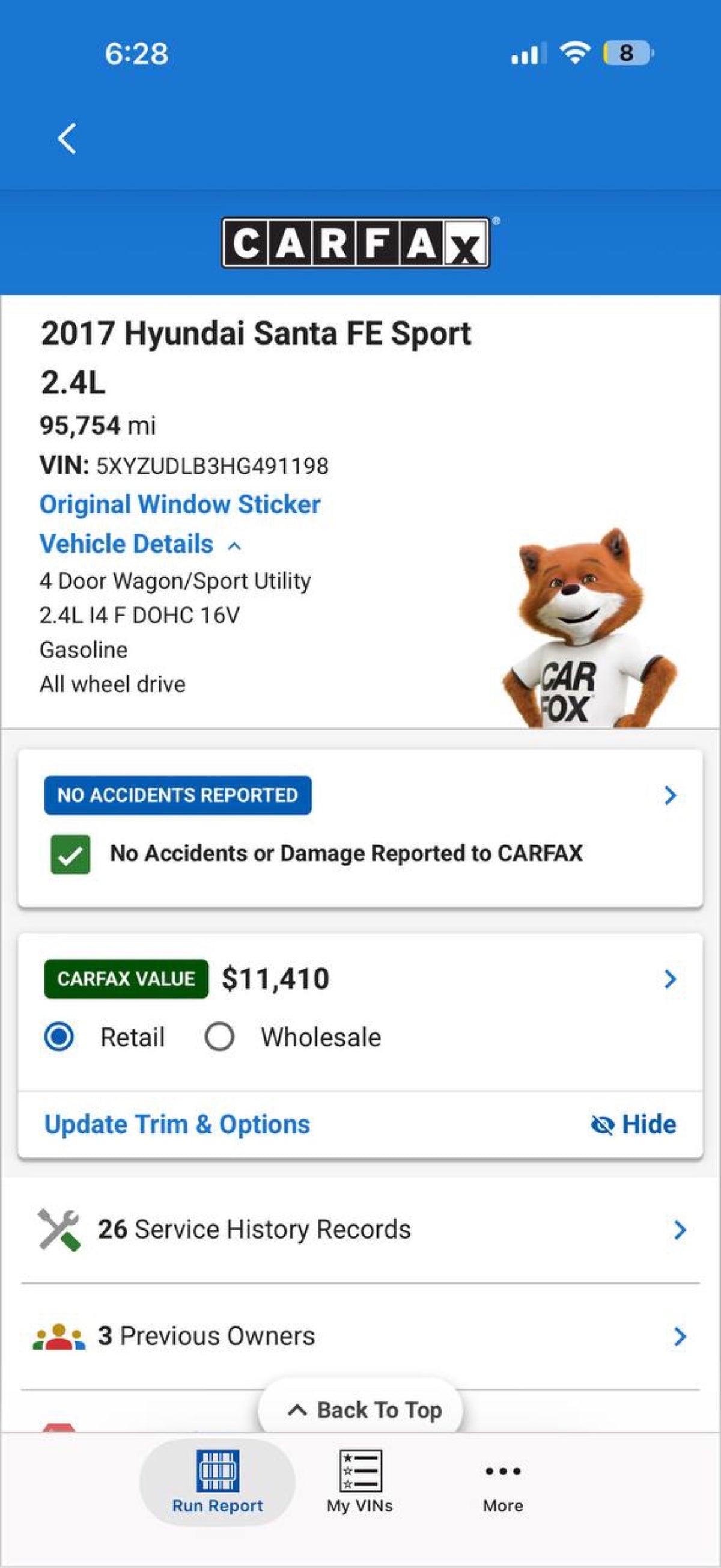 Carfax report - 2017 Hyundai Santa Fe Sport
