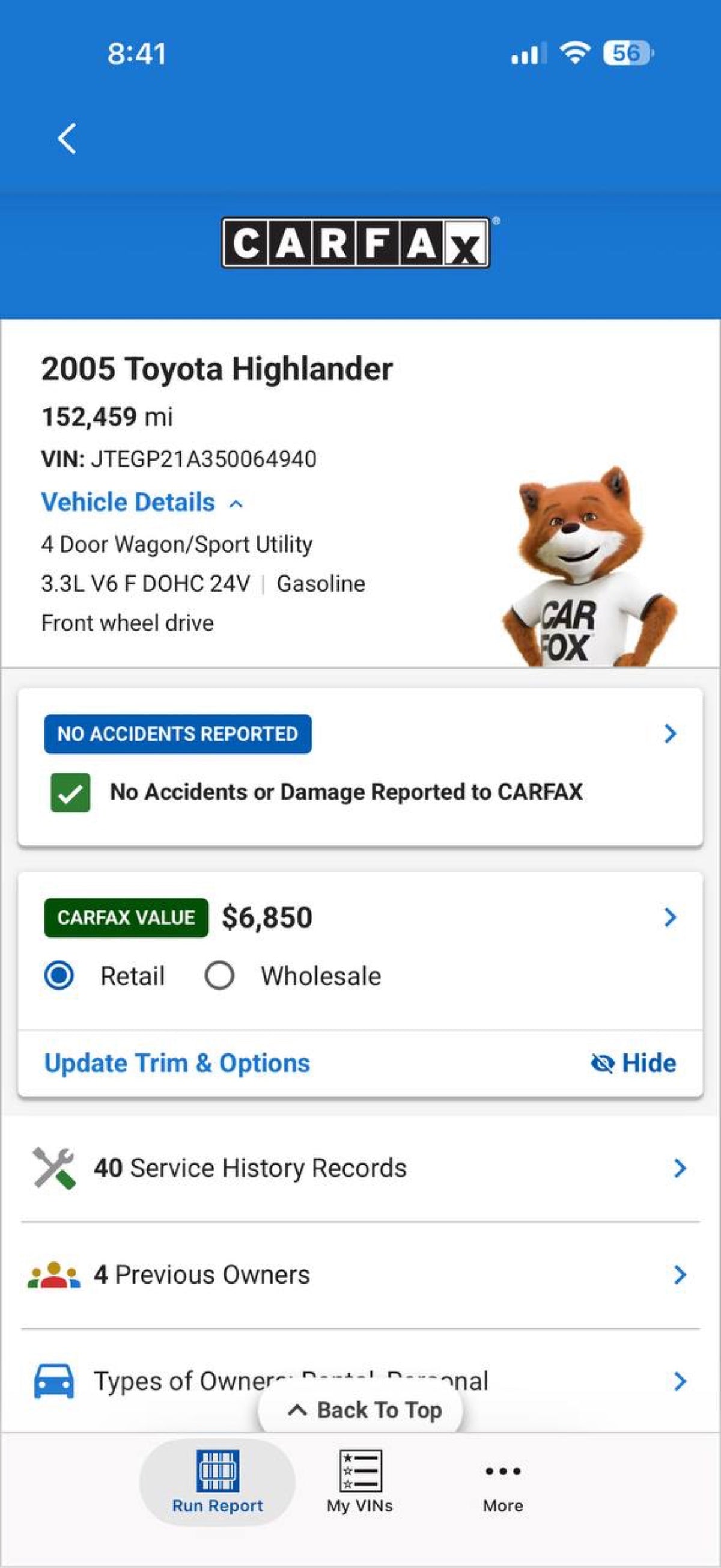 Carfax report - 2005 Toyota Highlander